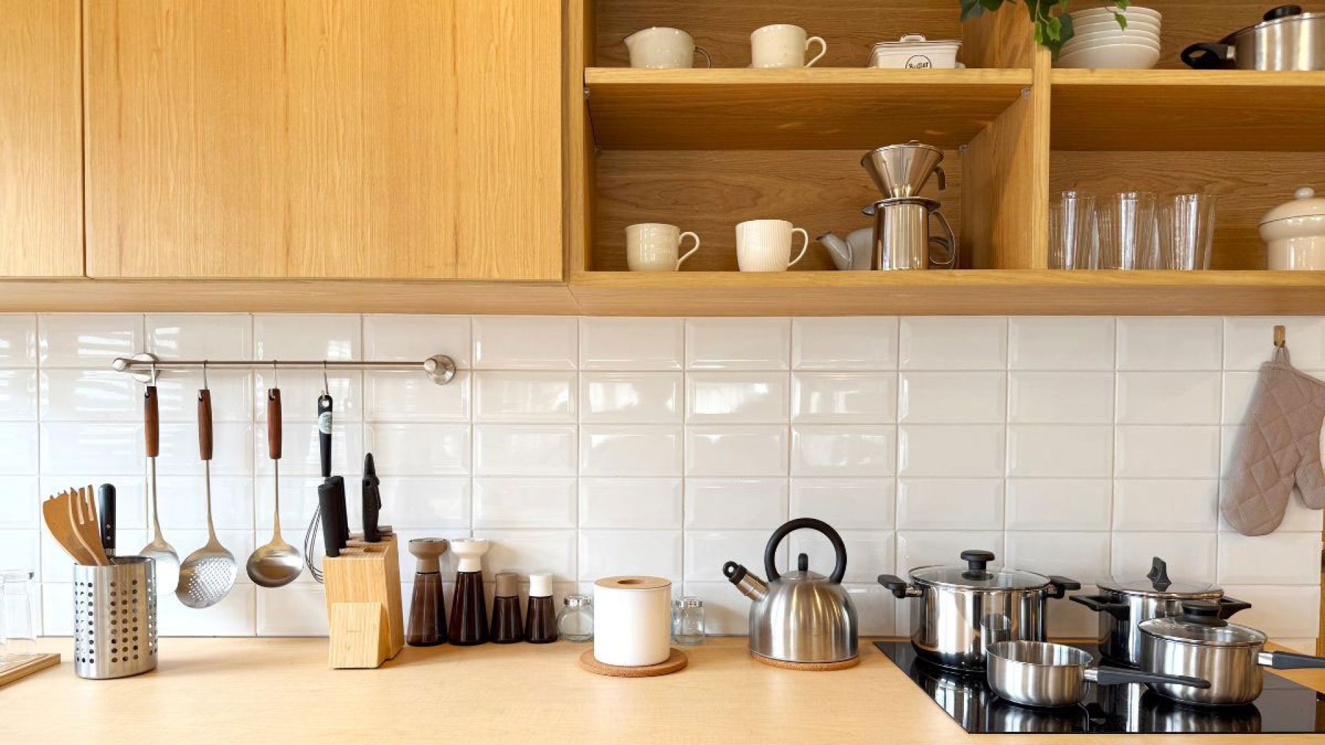 kitchen items sitting on counter and shelves